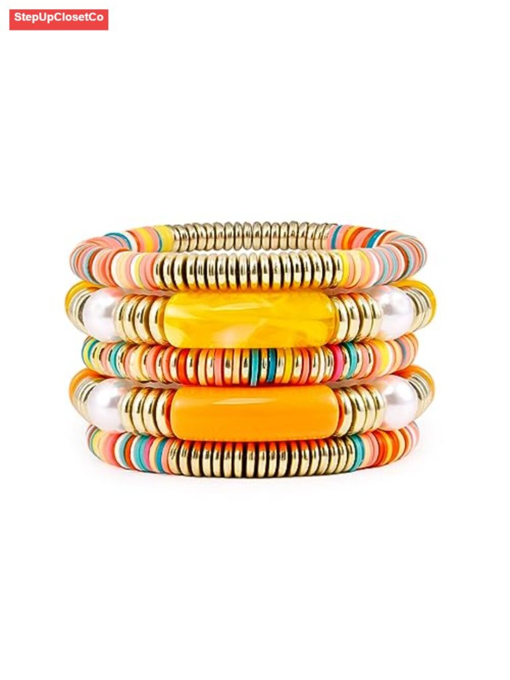 Chunky Curved Stacking Acrylic Stretchable Bracelet Set 5 Piece Gold Beads